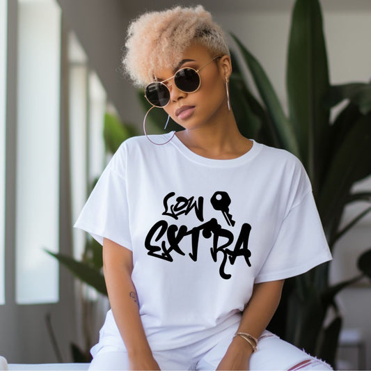 Woman Wearing Lowkey Extra White Short Sleeve T-Shirt | CA - Ohhh So Swag