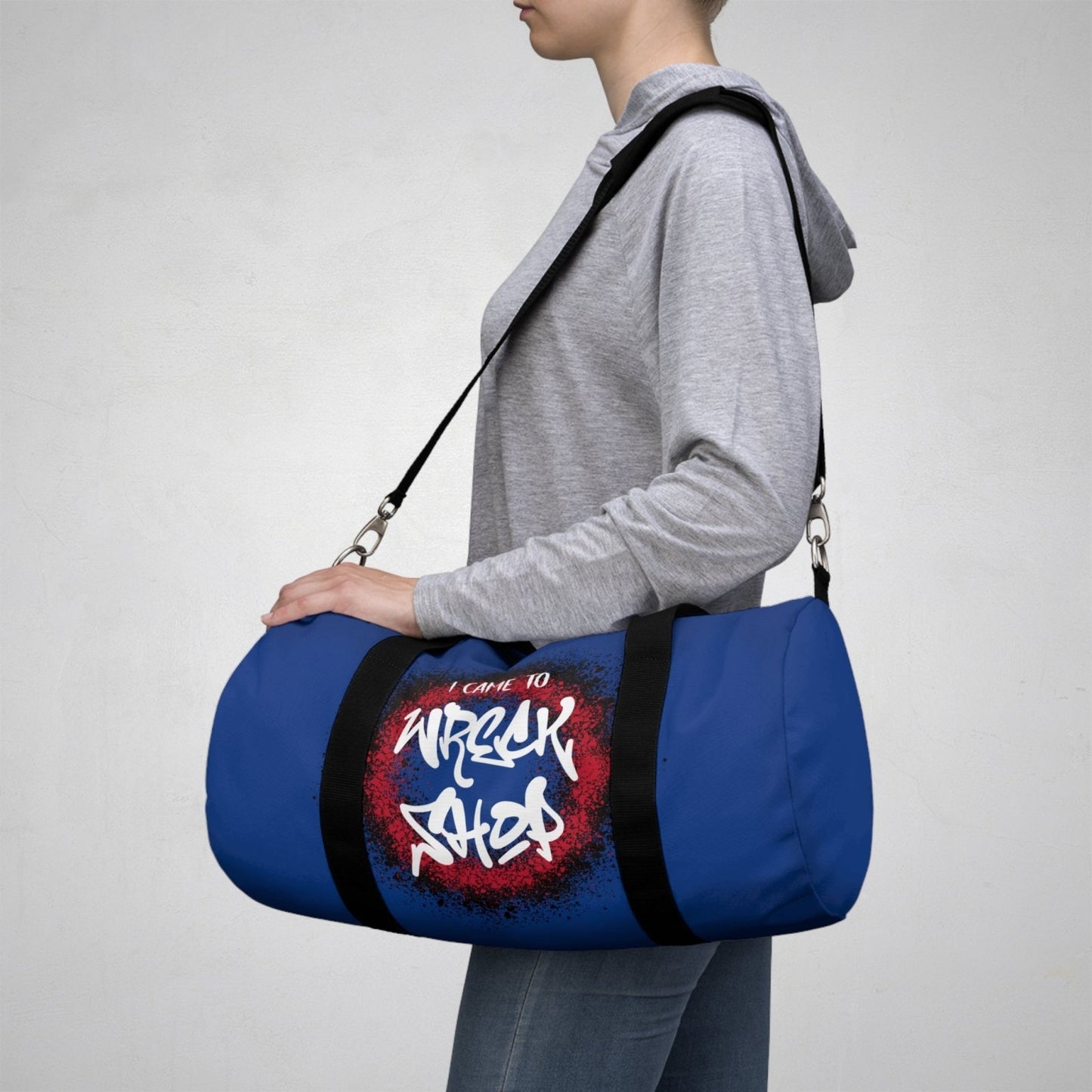 Blue Duffel Bag with I Came to Wreck Shop Text and Graffiti Design, Motivational and Hip Hop - Inspired | US - Ohhh So Swag