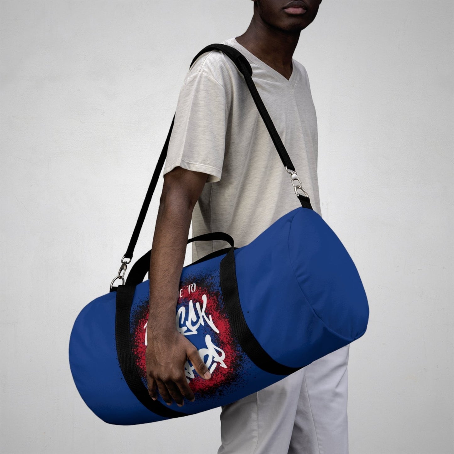 Blue Duffel Bag with I Came to Wreck Shop Text and Graffiti Design, Motivational and Hip Hop - Inspired | US - Ohhh So Swag
