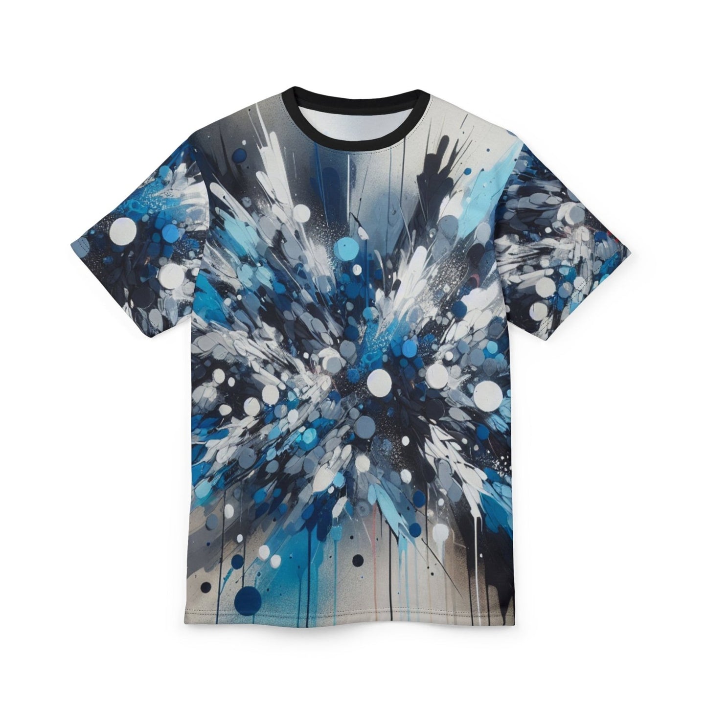 Blue Paint Splatter Crew Neck T-Shirt, Abstract Paint Splash Unisex Graphic Tee, Perfect for Art Lovers and Creative Minds | US - Ohhh So Swag