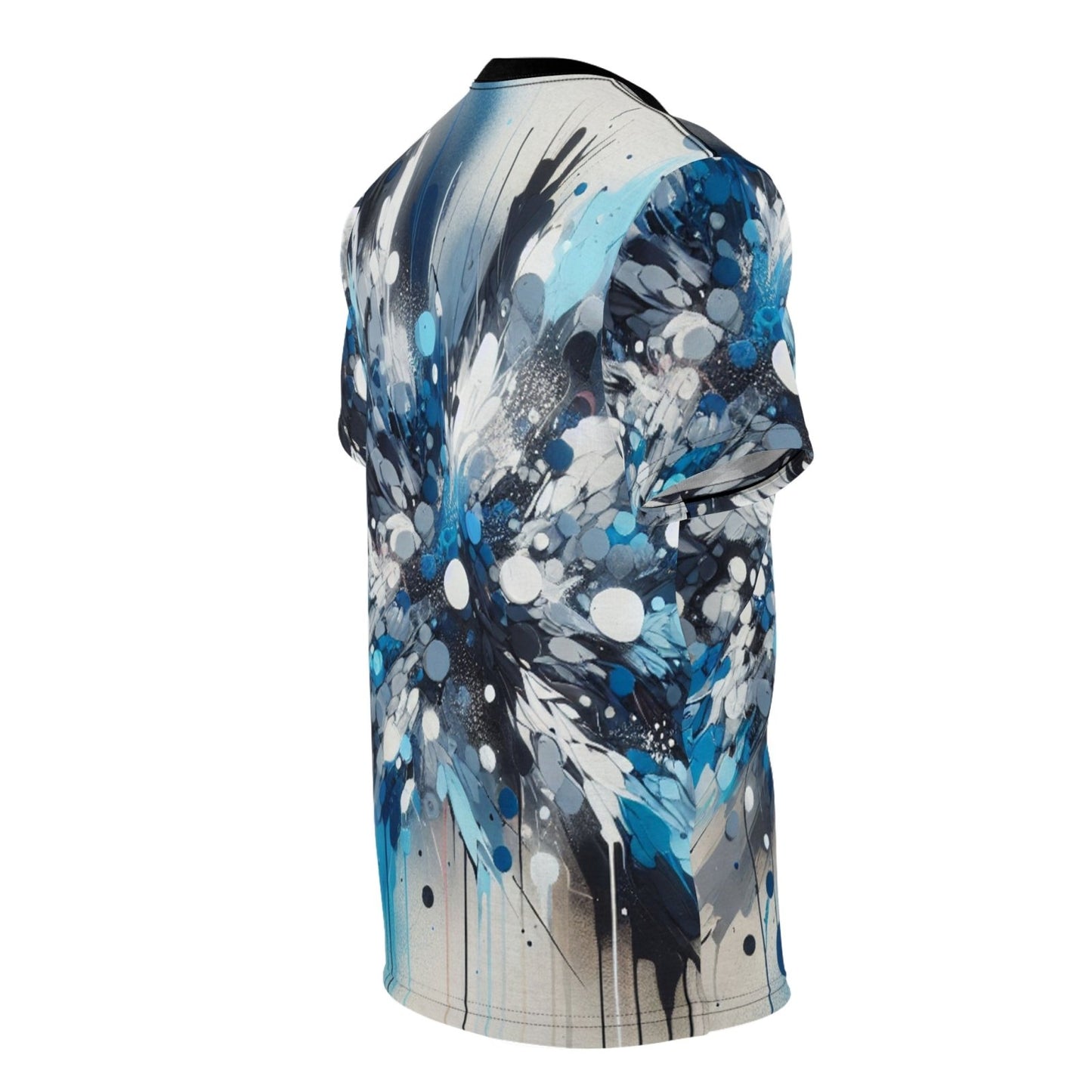 Blue Paint Splatter Crew Neck T-Shirt, Abstract Paint Splash Unisex Graphic Tee, Perfect for Art Lovers and Creative Minds | US - Ohhh So Swag