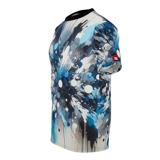 Blue Paint Splatter Crew Neck T-Shirt, Abstract Paint Splash Unisex Graphic Tee, Perfect for Art Lovers and Creative Minds | US - Ohhh So Swag