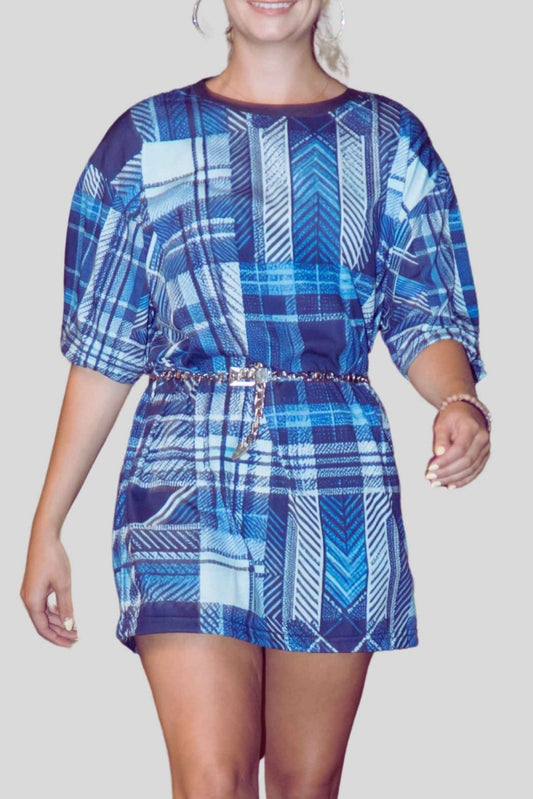 Blue Plaid Casual Short Sleeve Crew Neck T-Shirt for Men Women, Unisex All Over Print Color Block Tartan Blue Top | US - Ohhh So Swag