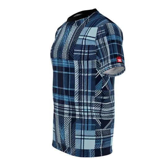 Blue Plaid Casual Short Sleeve Crew Neck T-Shirt for Men Women, Unisex All Over Print Color Block Tartan Blue Top | US - Ohhh So Swag