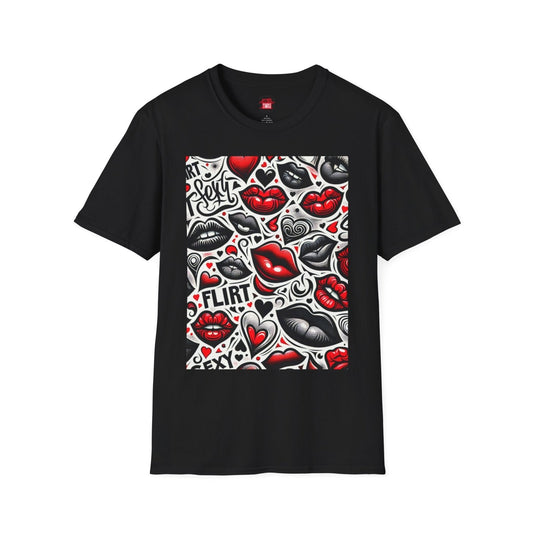 Casual Crewneck Black and Red Lips Shirt with Hearts, Sexy Flirt Lips T-Shirt | CA - Ohhh So Swag