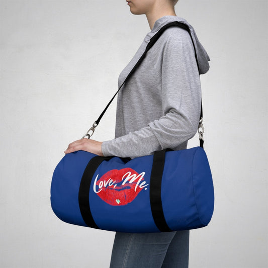 Duffel Bag with Red Kiss Lips, Green Heart (Blue) - Love, Me. | US - Ohhh So Swag
