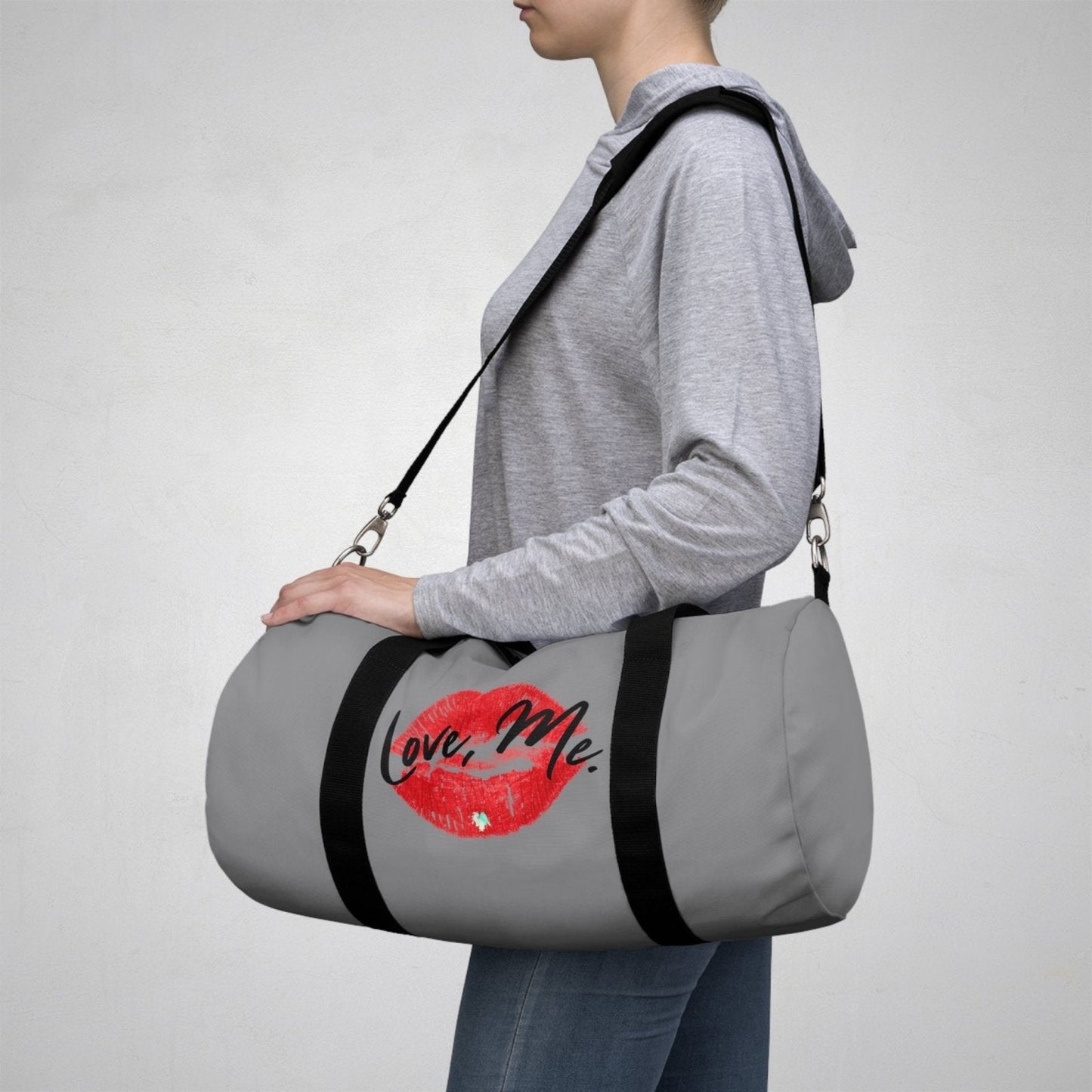 Duffel Bag with Red Kiss Lips, Green Heart (Light Grey, Black) - Love, Me. | US - Ohhh So Swag