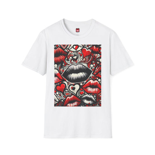Flirty Love Themed Unisex Short Sleeve Crew Neck T-Shirt, Bold Lips and Hearts Graphic Tee, Trendy Unisex Kisses Valentines Shirt | CA - Ohhh So Swag