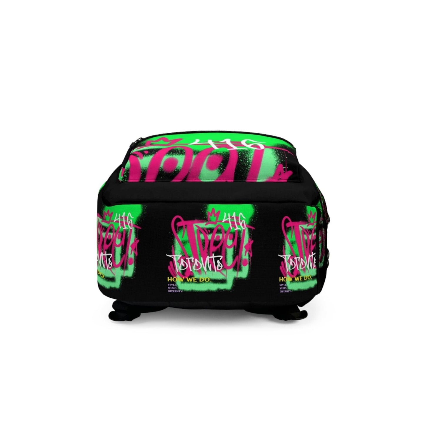 Black Graphic Backpack with Laptop Compartment, Graffiti - Toronto. How We Do. Style Music Diversity | US - Ohhh So Swag