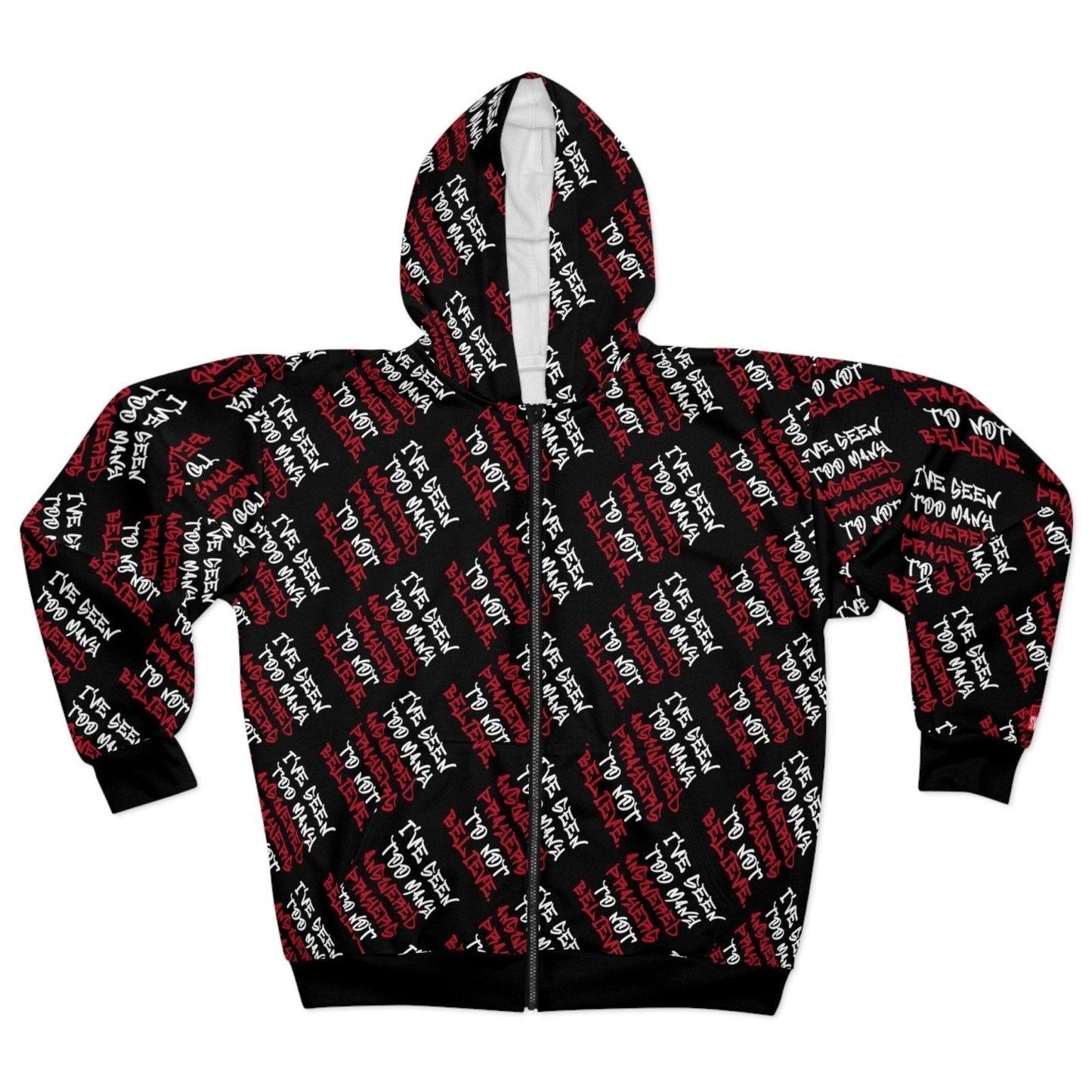 Graphic All - Over Print Full Zip Streetwear Hoodie, Black – I’ve Seen Too Many Answered Prayers to Not Believe | US - Ohhh So Swag