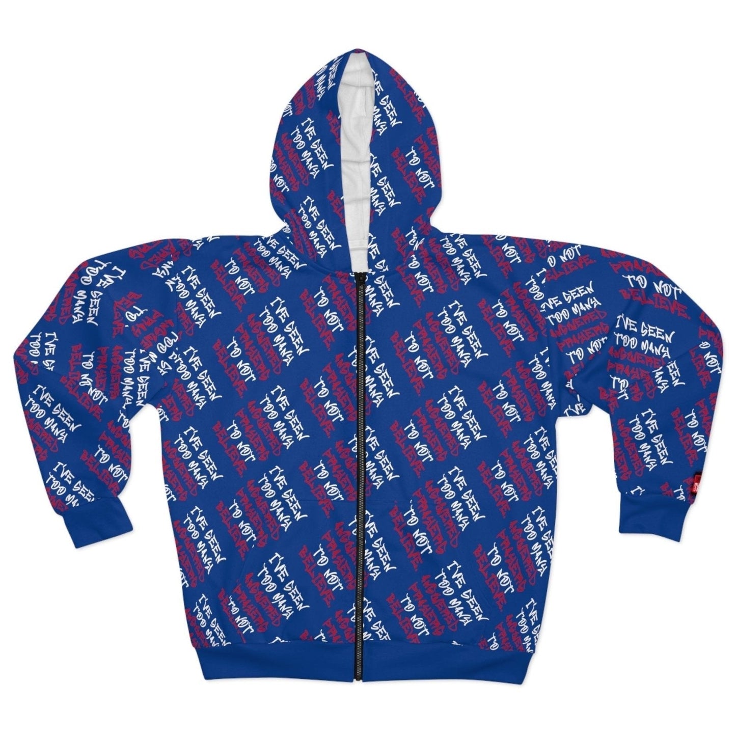 Graphic All - Over Print Full Zip Streetwear Hoodie, Dark Blue – I’ve Seen Too Many Answered Prayers to Not Believe | US - Ohhh So Swag