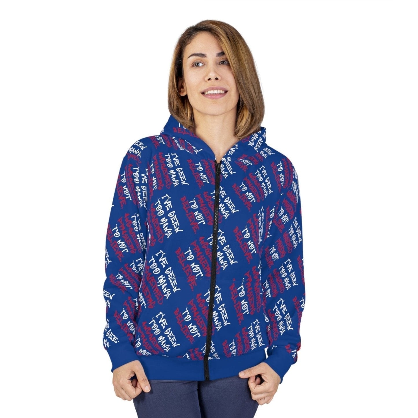 Graphic All - Over Print Full Zip Streetwear Hoodie, Dark Blue – I’ve Seen Too Many Answered Prayers to Not Believe | US - Ohhh So Swag