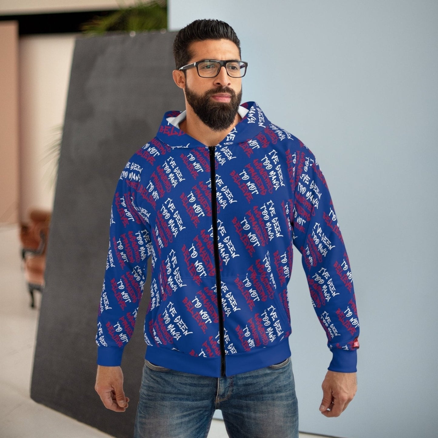 Graphic All - Over Print Full Zip Streetwear Hoodie, Dark Blue – I’ve Seen Too Many Answered Prayers to Not Believe | US - Ohhh So Swag