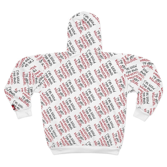 Graphic All - Over Print Full Zip Streetwear Hoodie, White – I’ve Seen Too Many Answered Prayers to Not Believe | US - Ohhh So Swag