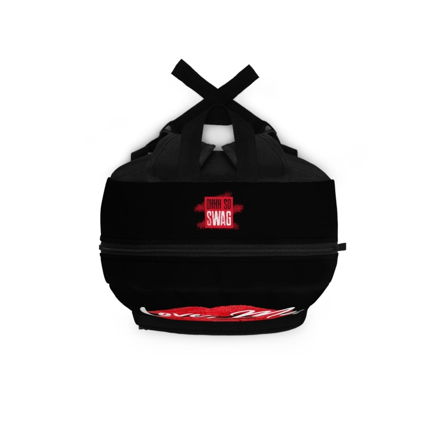 Black Graphic Backpack with Laptop Pocket, Red Kiss Lips, Green Heart – Love, Me. | US - Ohhh So Swag