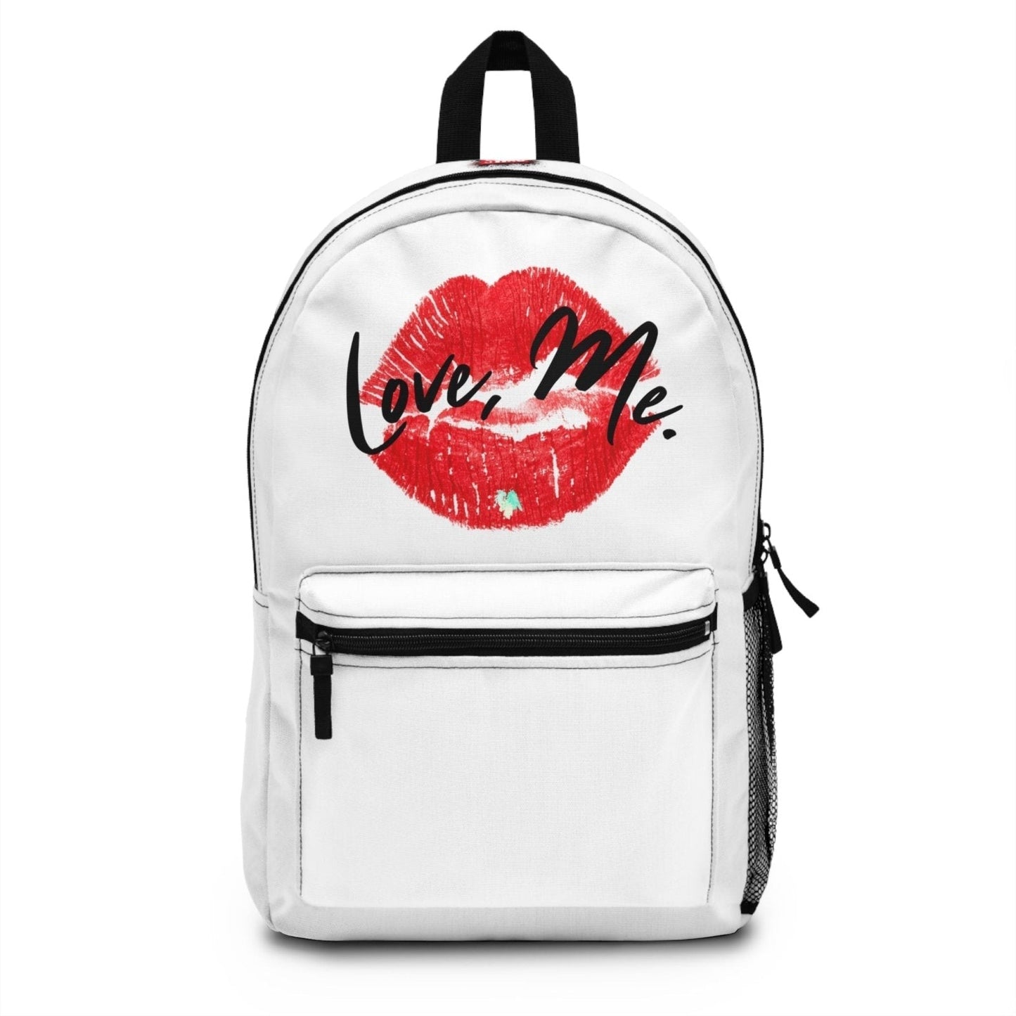 Graphic Backpack, Red Kiss Lips, Green Heart (White) – Love, Me. | US - Ohhh So Swag