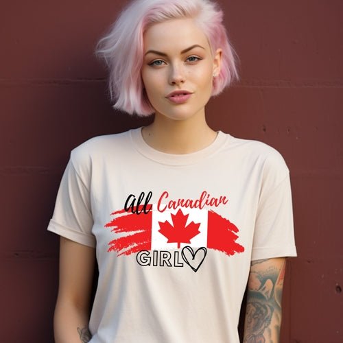 Woman with choppy bob cut and light pink hair wearing Ohhh So Swag natural women's Canada flag t-shirt with All Canadian Girl text, while standing against wall