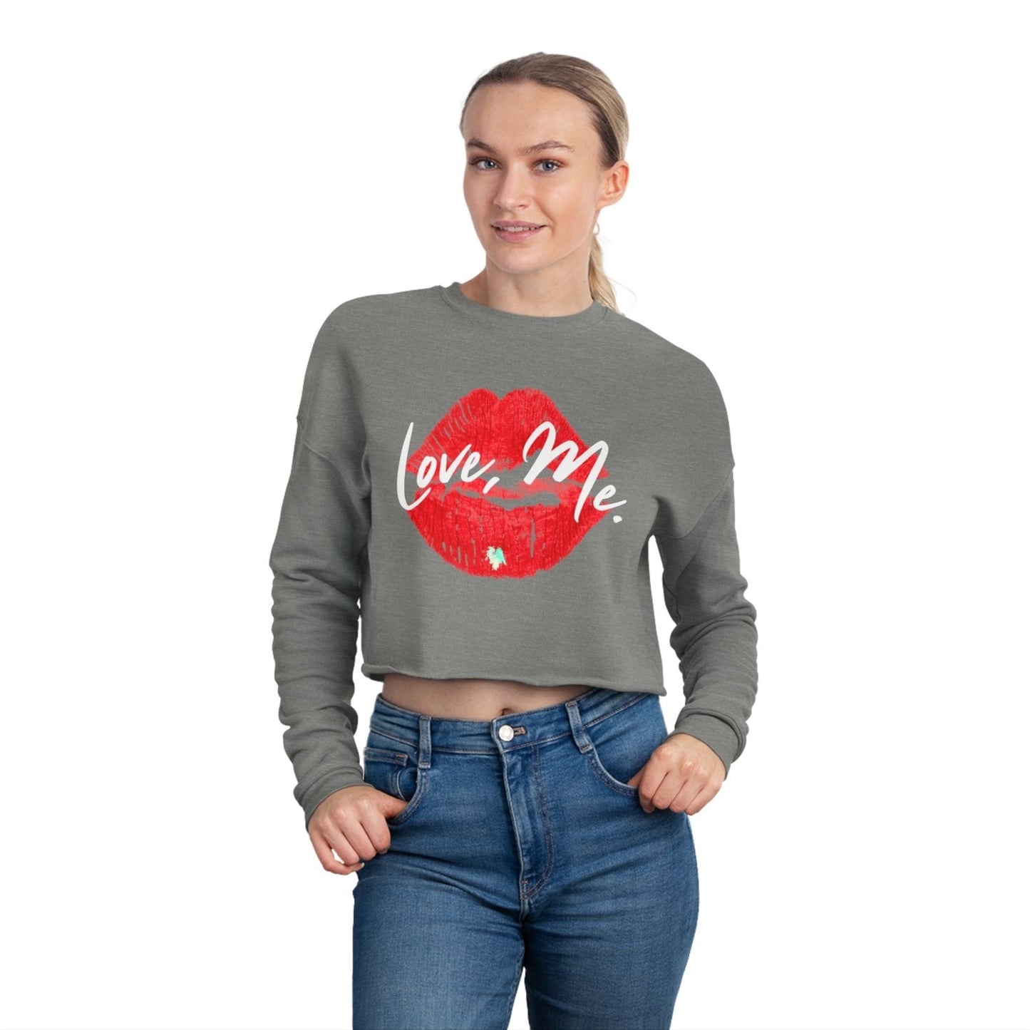 Long Sleeve Crop Top Sweatshirt, Red Kiss Lips, Green Heart - Love, Me. | US - Ohhh So Swag