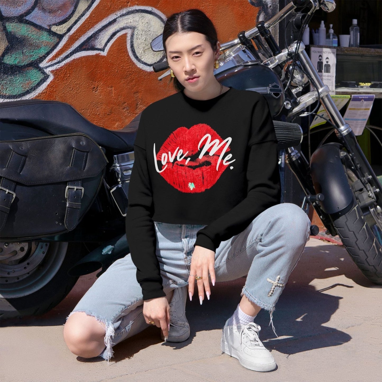 Long Sleeve Crop Top Sweatshirt, Red Kiss Lips, Green Heart - Love, Me. | US - Ohhh So Swag