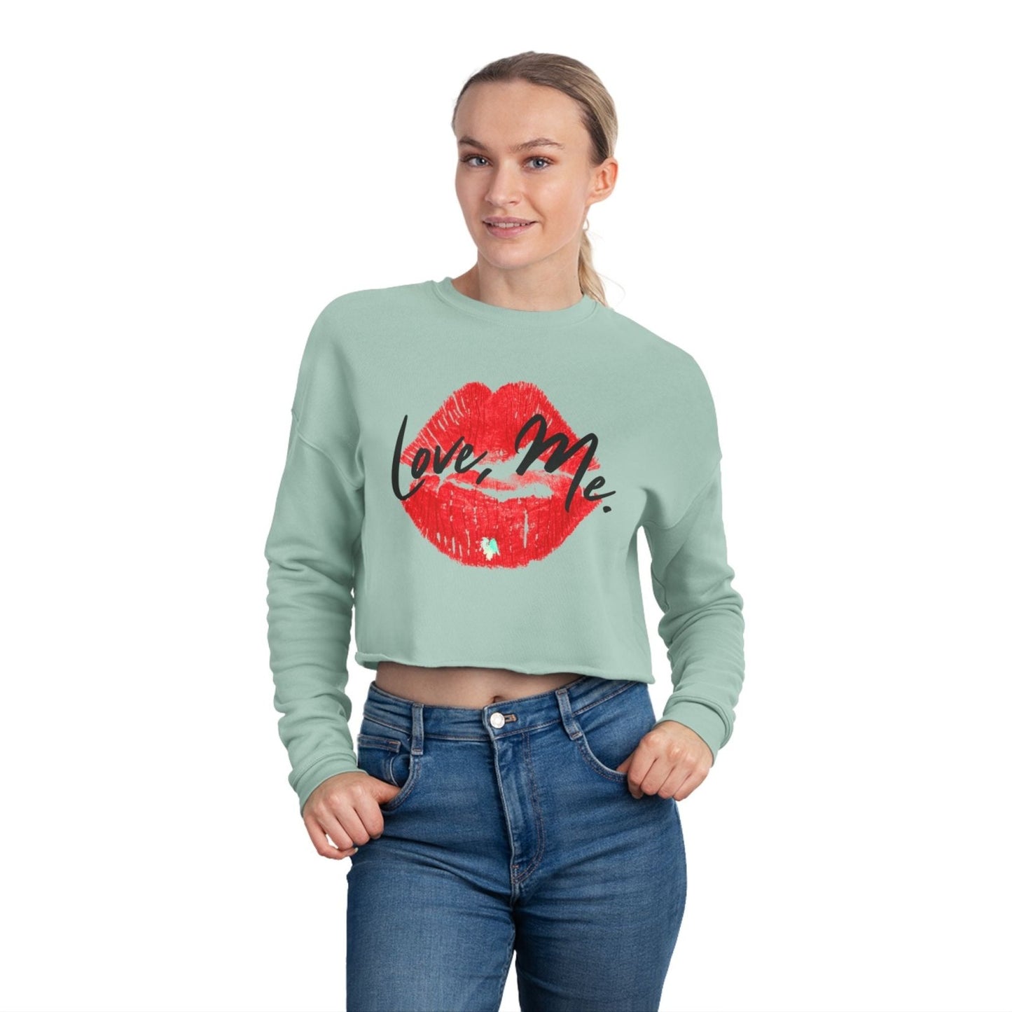 Long Sleeve Crop Top Sweatshirt, Red Kiss Lips, Green Heart - Love, Me. | US - Ohhh So Swag