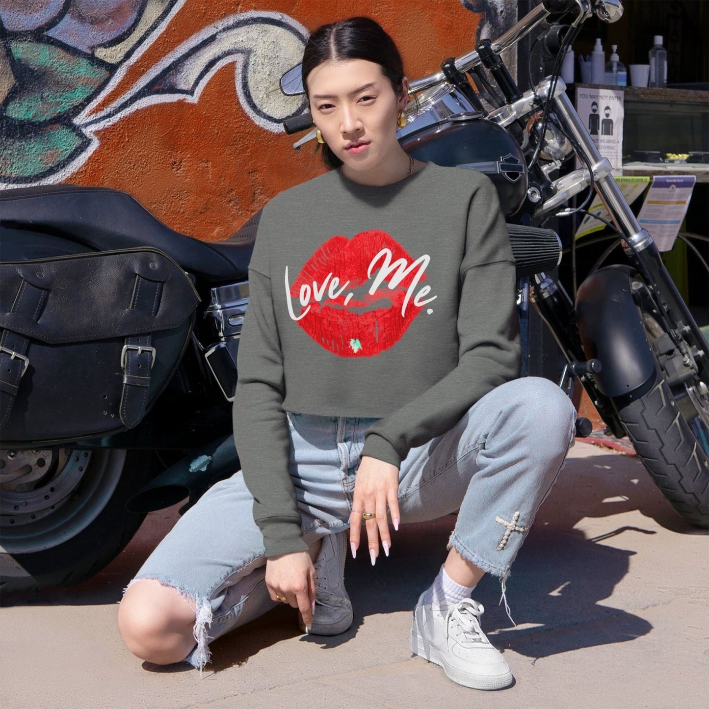 Long Sleeve Crop Top Sweatshirt, Red Kiss Lips, Green Heart - Love, Me. | US - Ohhh So Swag