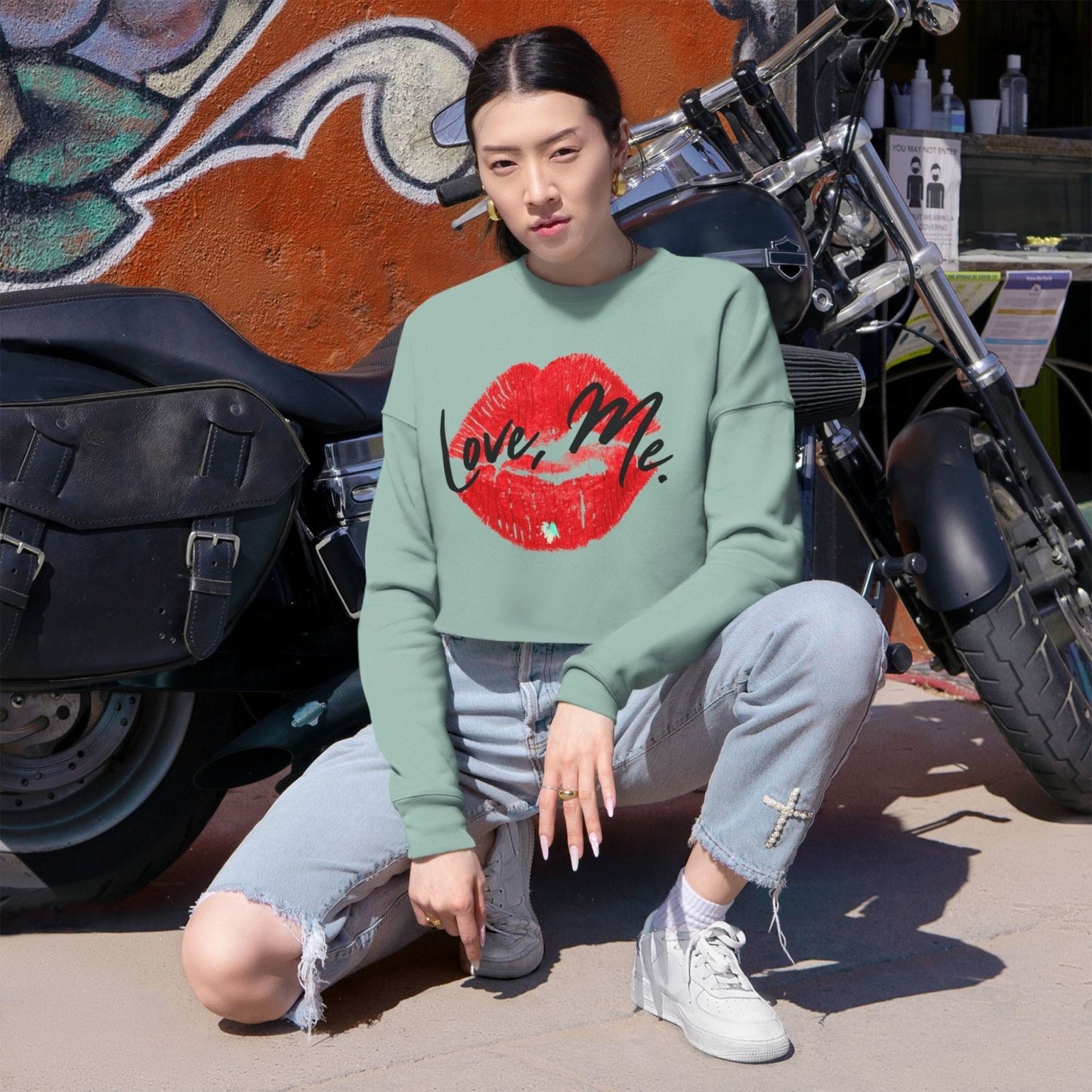 Long Sleeve Crop Top Sweatshirt, Red Kiss Lips, Green Heart - Love, Me. | US - Ohhh So Swag