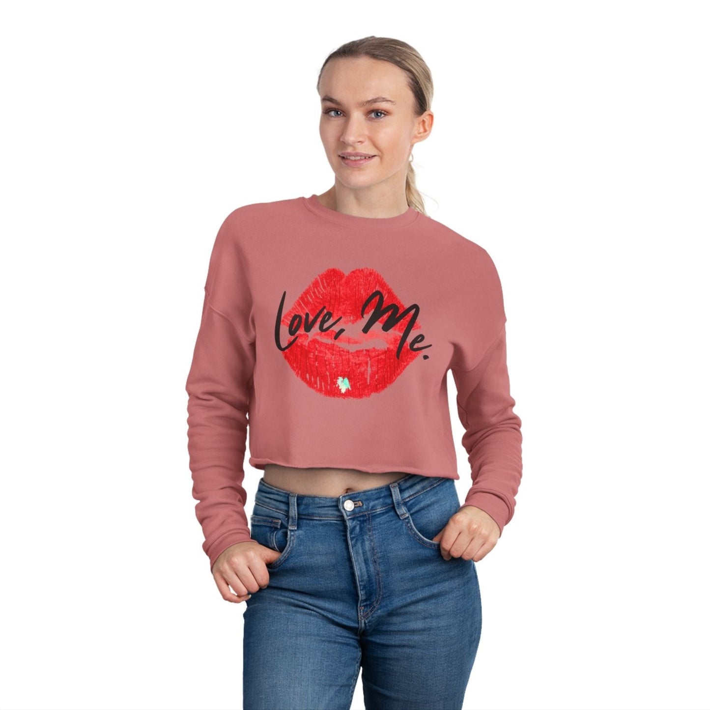Long Sleeve Crop Top Sweatshirt, Red Kiss Lips, Green Heart - Love, Me. | US - Ohhh So Swag
