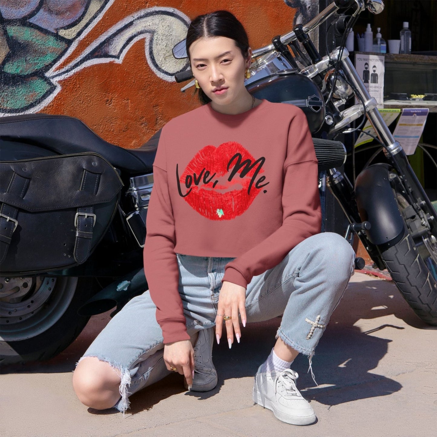 Long Sleeve Crop Top Sweatshirt, Red Kiss Lips, Green Heart - Love, Me. | US - Ohhh So Swag