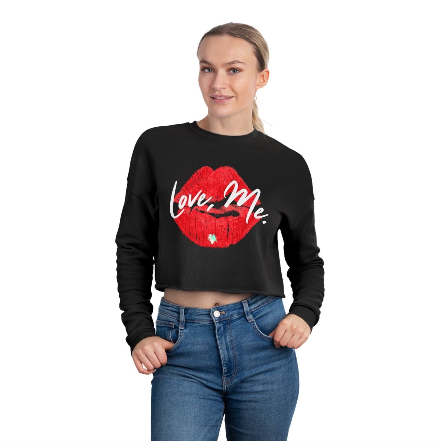 Long Sleeve Crop Top Sweatshirt, Red Kiss Lips, Green Heart - Love, Me. | US - Ohhh So Swag