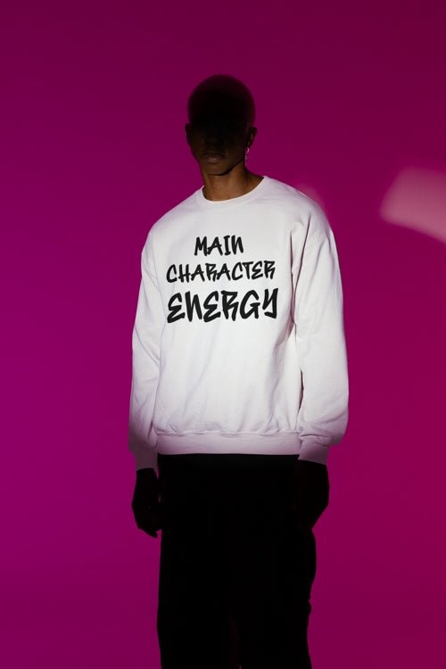 Main Character Energy Men's and Women's Medium Heavy Crewneck Sweatshirt (Back Logo) | CA - Ohhh So Swag