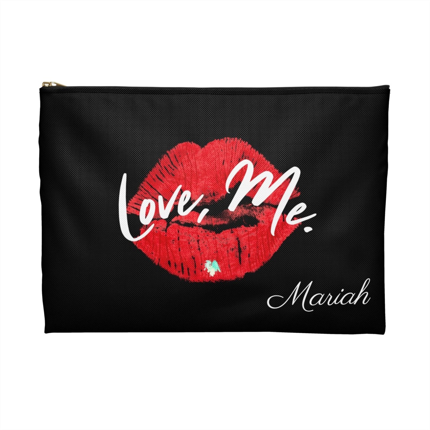 Personalized Black Cosmetic Pouch, Toiletry Bag (Large) — Love, Me. Red Lips, Green Heart | US - Ohhh So Swag
