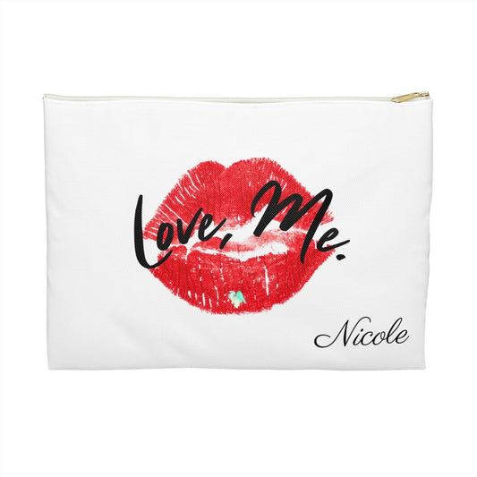 Personalized White Accessory Pouch, Makeup Bag (Large) — Love, Me. Red Lips, Green Heart | US - Ohhh So Swag
