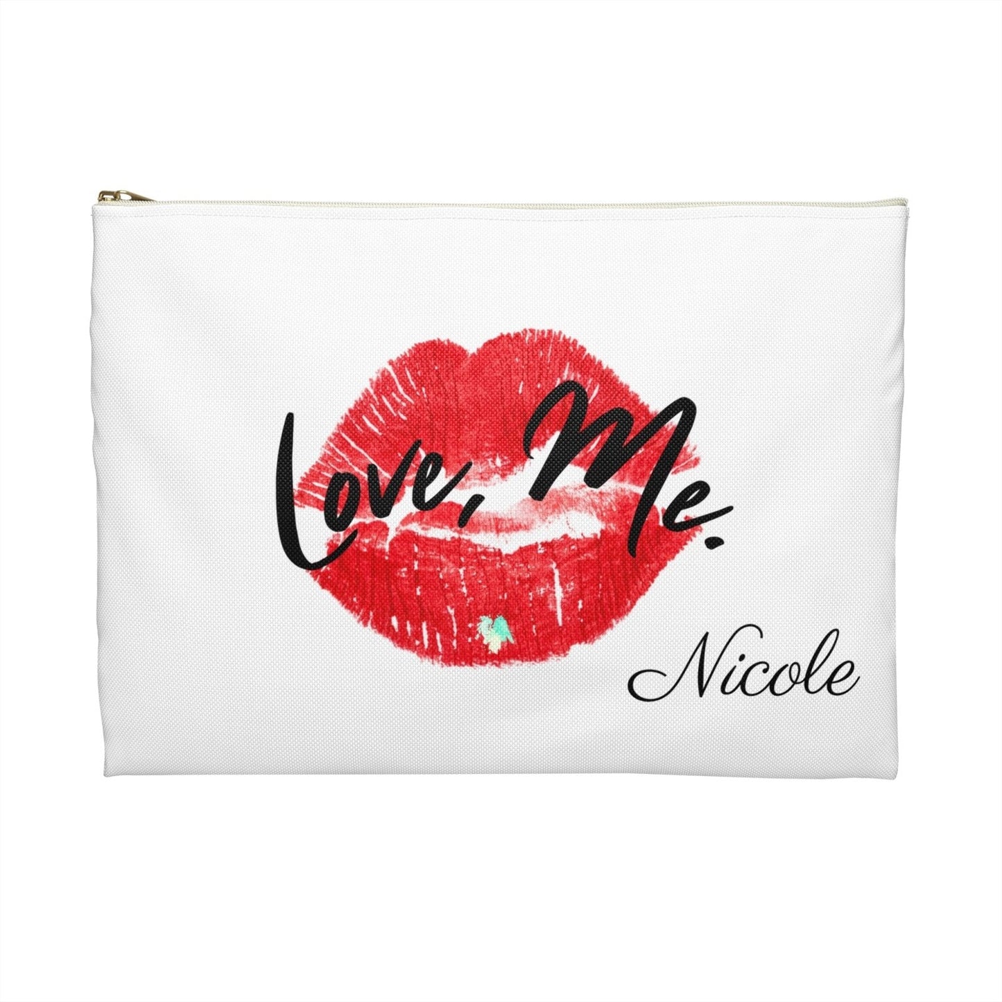 White Personalized Makeup Pouch, Toiletry Bag, Cosmetic Bag, Accessory Pouch, Red Lips/Green Heart, Back | US - Ohhh So Swag