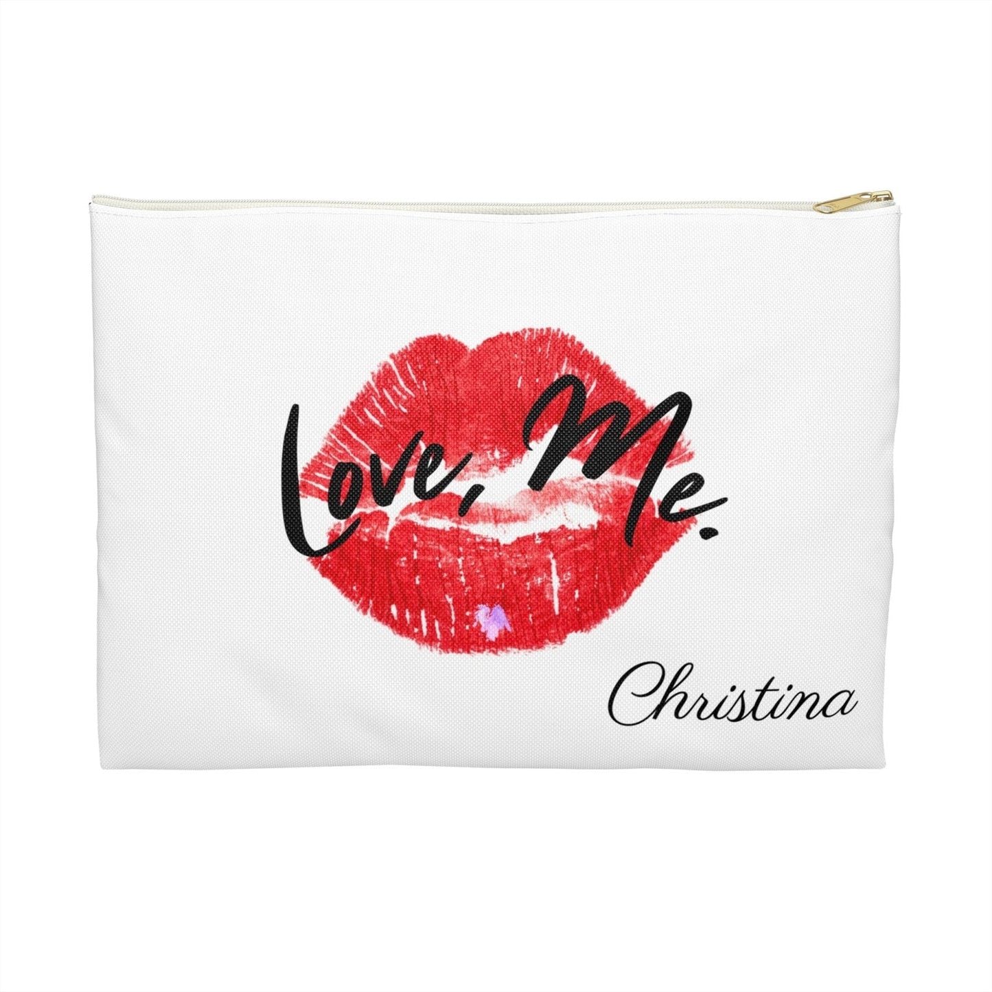 Personalized White Makeup Bag, Toiletry Pouch, Cosmetic Pouch, Accessory Bag, Red Lips Purple Heart Front | US - Ohhh So Swag