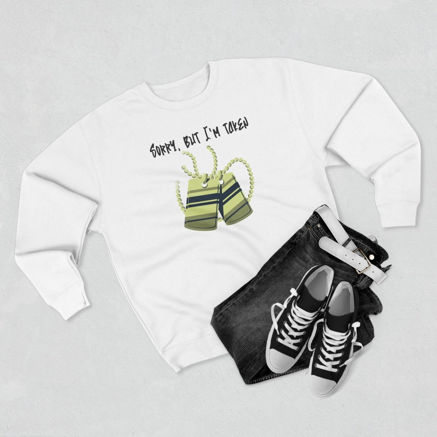 Premium Unisex Crewneck Sweatshirt (Back Logo) – Sorry, But I'm Taken | CA - Ohhh So Swag