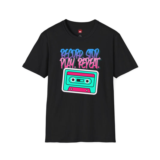 Record Stop Play Repeat Retro Cassette Unisex T-Shirt, 80s and 90s Music Lover Gift, Black Music T-Shirts | US - Ohhh So Swag