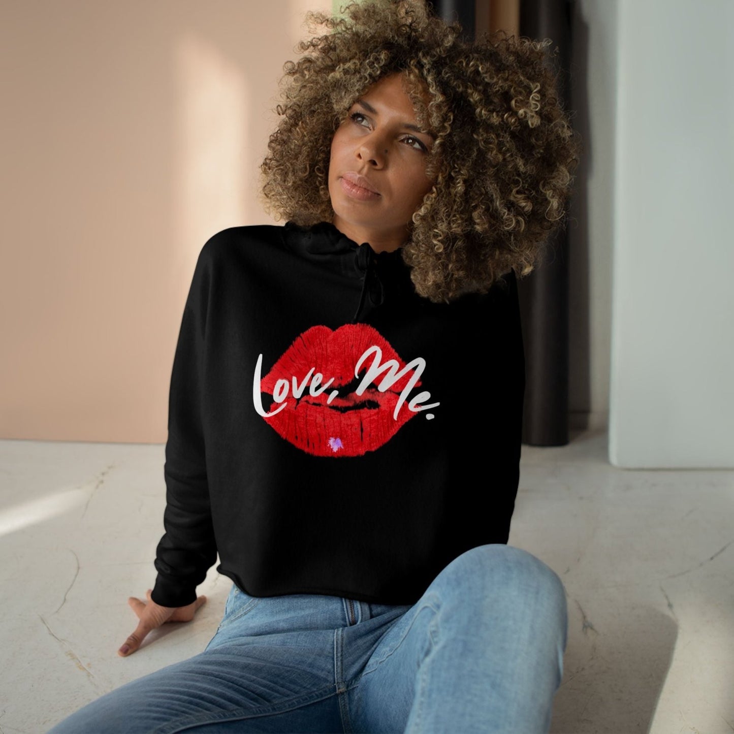 Red Kiss Lips Crop Hoodie Self - Love Sweater with Purple Heart, Trendy Streetwear Top for Women, Valentine's Cropped Shirt | US - Ohhh So Swag