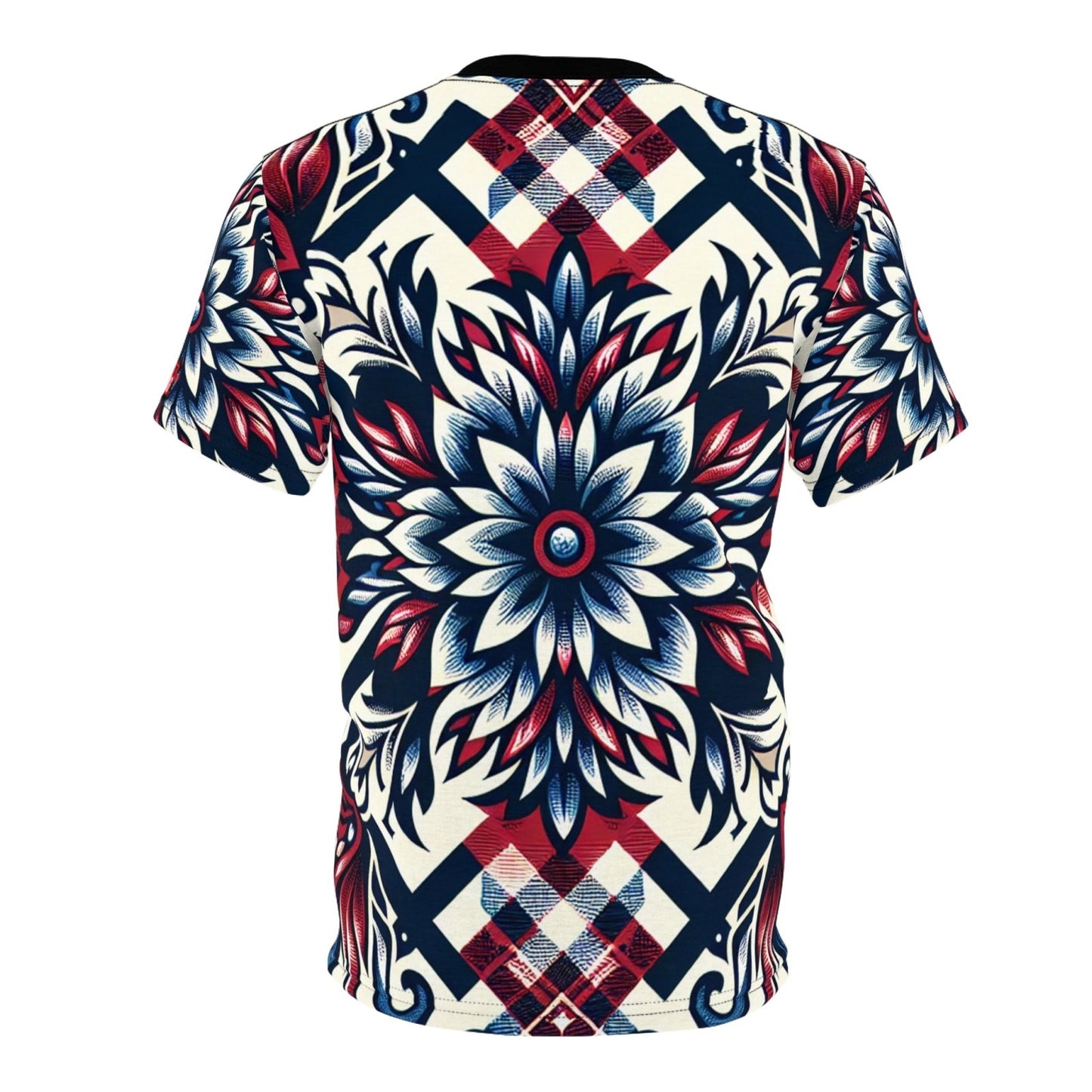 Unique Plaid Floral Pattern Graphic Tee for Men Women, Red White and Blue Unisex Premium Casual Short Sleeve Crew Neck T-Shirt | US - Ohhh So Swag