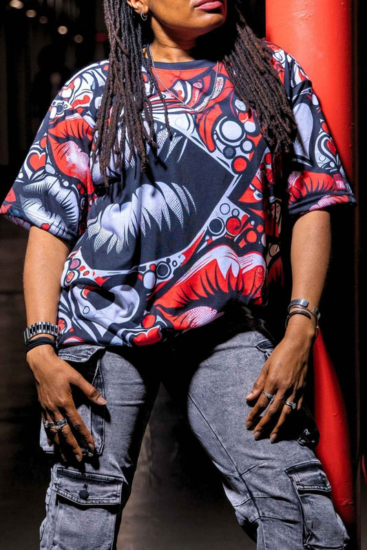 Unisex Black and Red Lips Graphic Tee, Urban Edgy Love Crew Neck T-Shirt, Casual Lips and Heart Print Short Sleeve Top | US - Ohhh So Swag