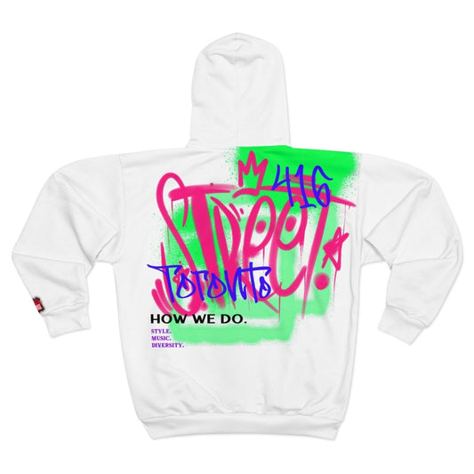 White Graffiti Art Hoodie (Bold Chest Print) - Toronto. How We Do. Style. Music. Diversity | US - Ohhh So Swag