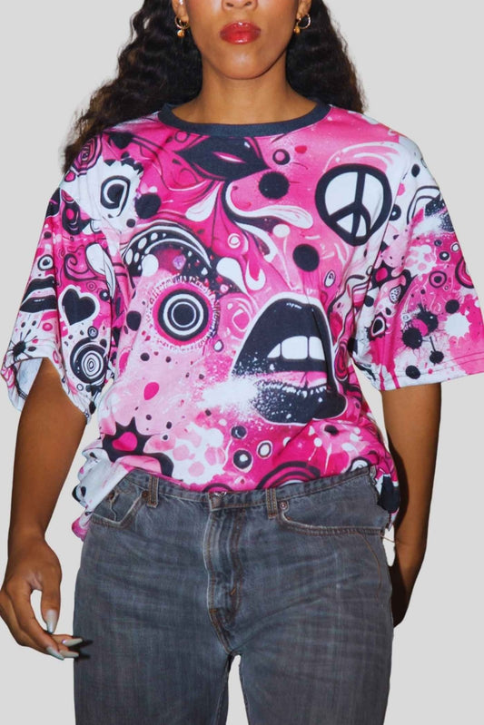 Vibrant Pink and Black Peace & Love Graphic Tee, Women's Casual Crew Neck T-Shirt, Edgy Graffiti Art Heart and Lips T-Shirt | US - Ohhh So Swag