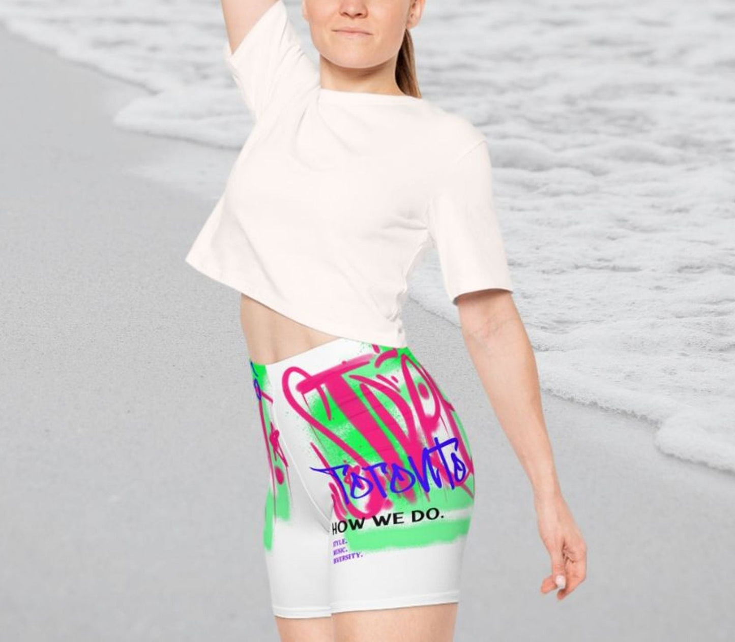 White and Neon Women's Biker Shorts - Toronto. How We Do. Style. Music. Diversity | US - Ohhh So Swag