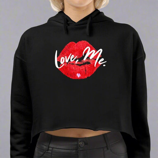 Women's Black Coquette Crop Hoodie Sweatshirt, Red Kiss Lips, Purple Heart - Love, Me. | US - Ohhh So Swag