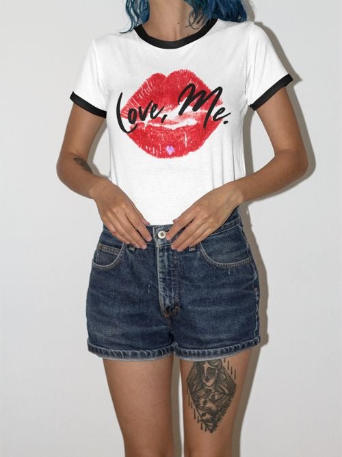 Women's Cotton Ringer Tee - Love, Me. Red Lips Shirt (Purple Heart) | US - Ohhh So Swag