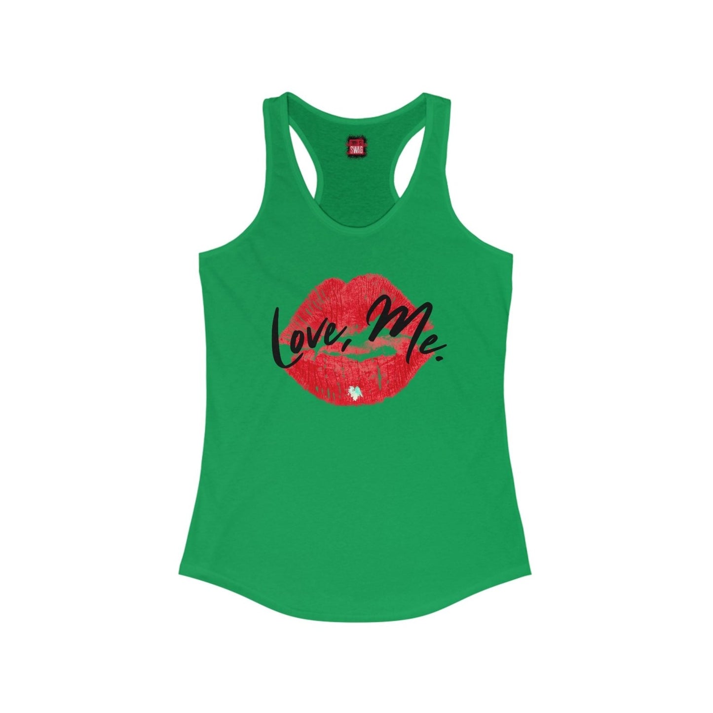 Women's Racerback Tank Top with Red Kiss Lips, Green Heart - Love, Me. | US - Ohhh So Swag