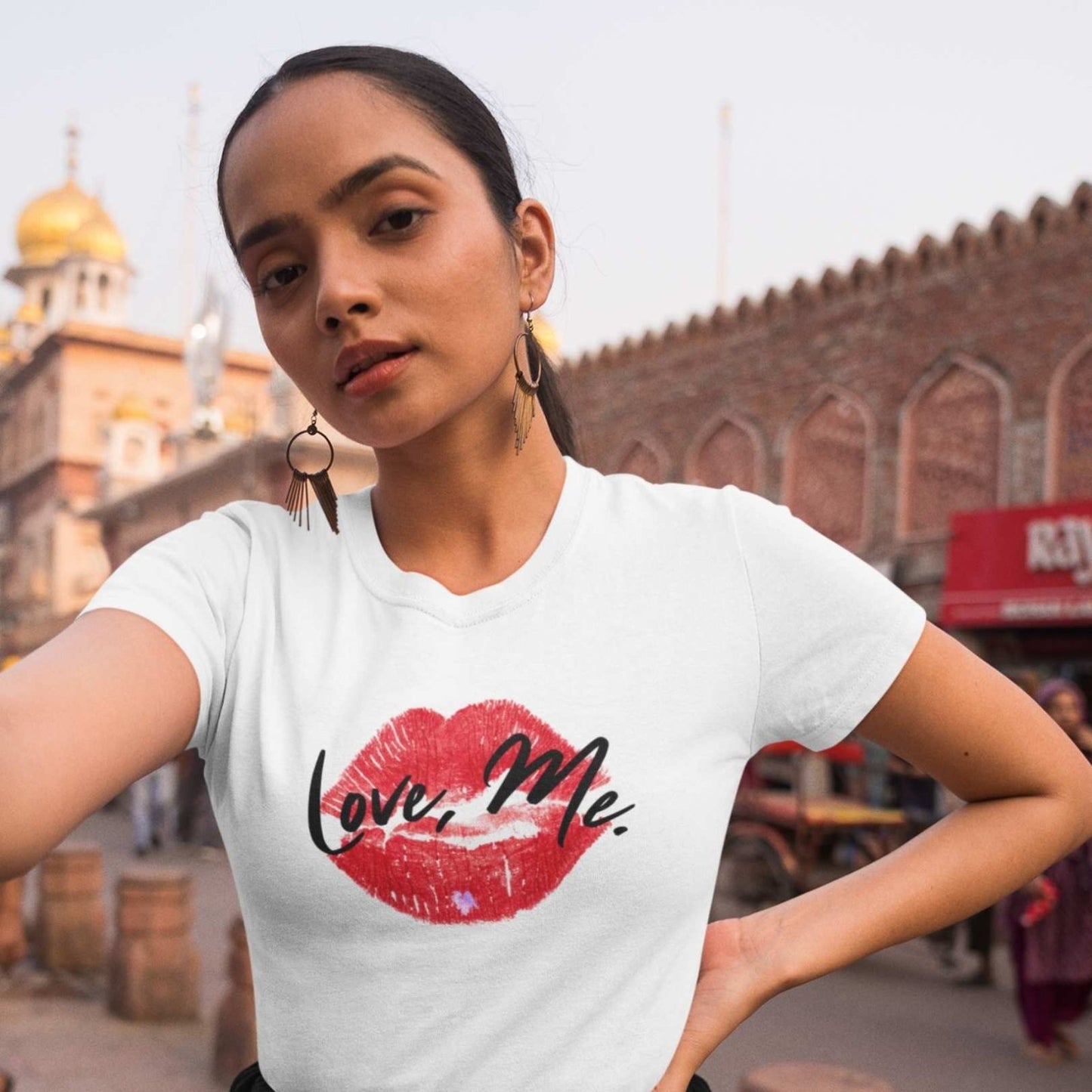 Women's Soft Style Crew Tee with Red Kiss Lips, Purple Heart - Love, Me. | US - Ohhh So Swag