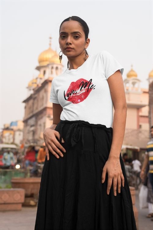 Women's Softstyle Crew Tee with Red Kiss Lips, Purple Heart - Love, Me. | US - Ohhh So Swag