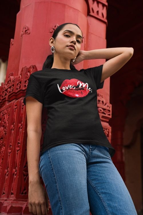 Women's Softstyle Crew Tee with Red Kiss Lips, Purple Heart - Love, Me. | US - Ohhh So Swag