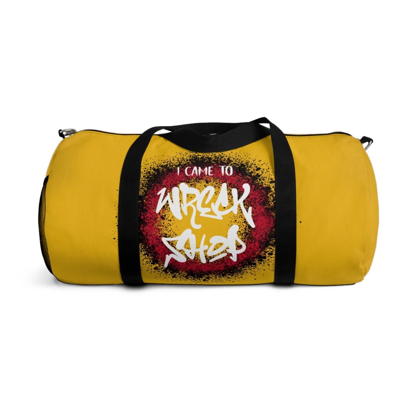 Yellow Duffel Bag with I Came to Wreck Shop Text and Graffiti Design, Motivational and Hip Hop - Inspired | US - Ohhh So Swag