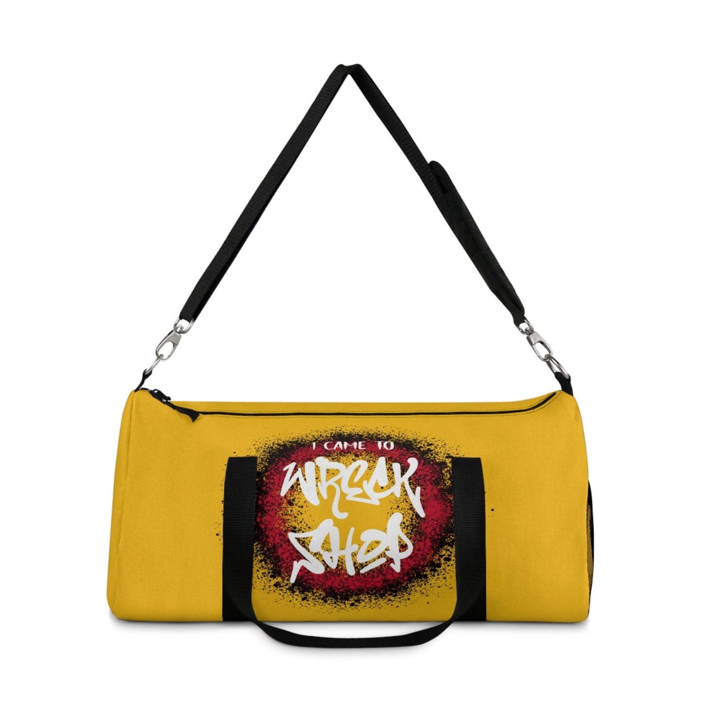 Yellow Duffel Bag with I Came to Wreck Shop Text and Graffiti Design, Motivational and Hip Hop - Inspired | US - Ohhh So Swag
